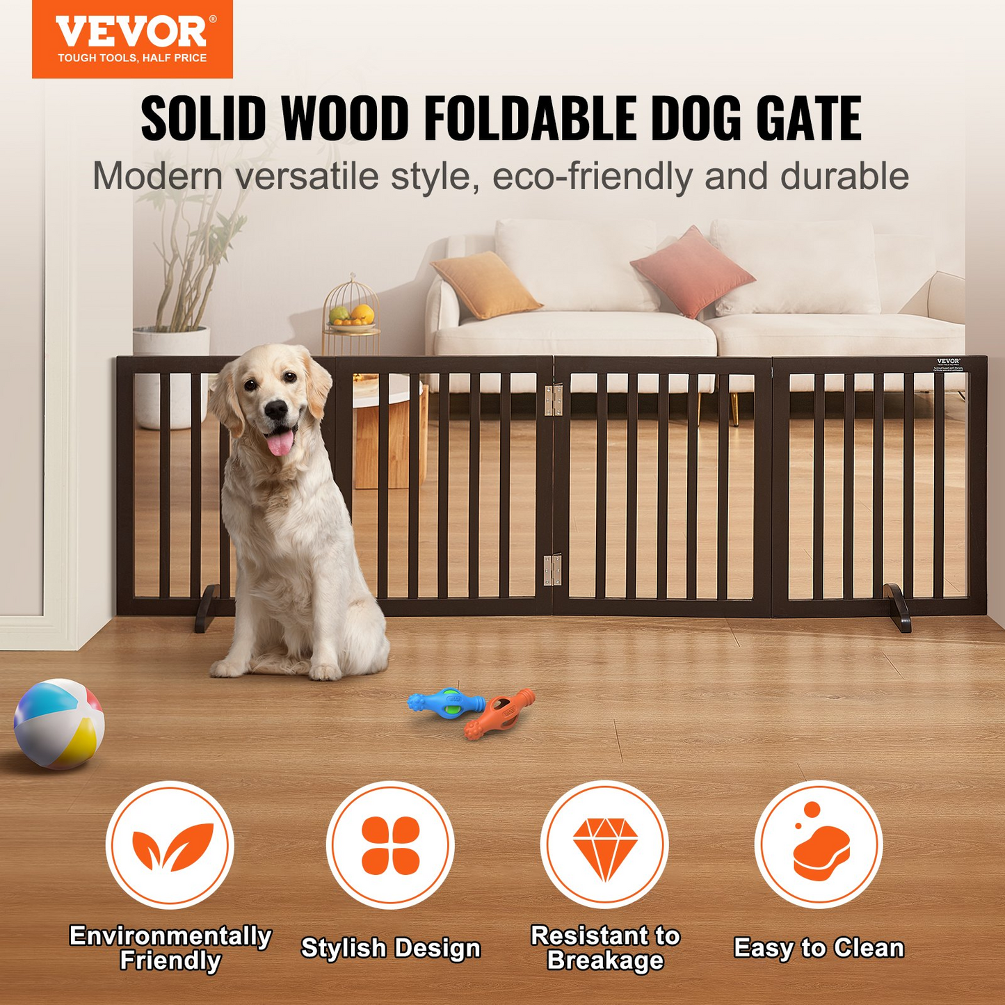 VEVOR Free Standing Dog Gate, 24" H x 80.3" W Freestanding Pet Gate, 4 Panels Foldable Dog Gate for Wide and Narrow Passageways, Expandable Dog Barrier with Silent Foot Support for Indoor, Brown