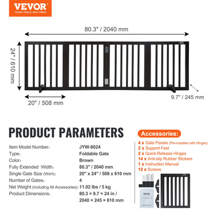 VEVOR Free Standing Dog Gate, 24" H x 80.3" W Freestanding Pet Gate, 4 Panels Foldable Dog Gate for Wide and Narrow Passageways, Expandable Dog Barrier with Silent Foot Support for Indoor, Brown