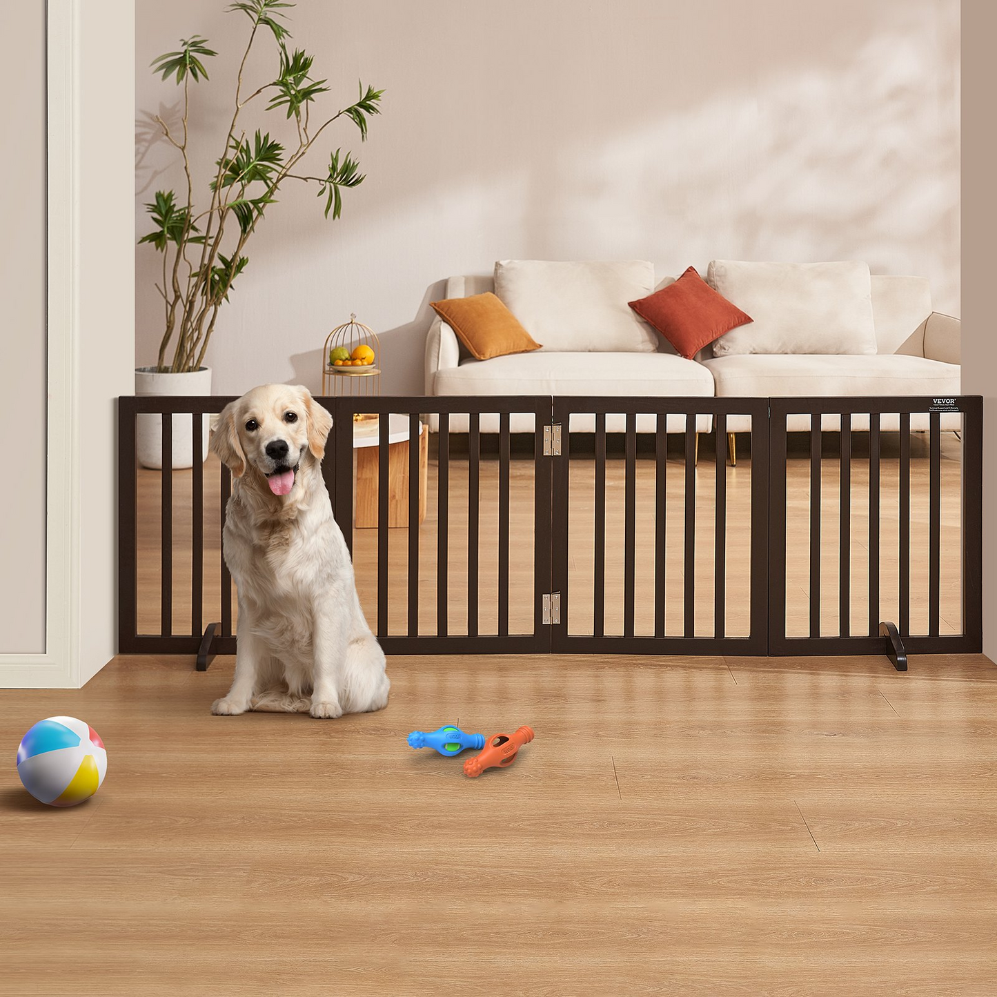 VEVOR Puerta independiente para perros: 24" H x 80.3" W, barrera expandible para mascotas con 4 paneles plegables, ideal para pasillos anchos y estrechos, soporte silencioso para pies, uso en interiores en marrón