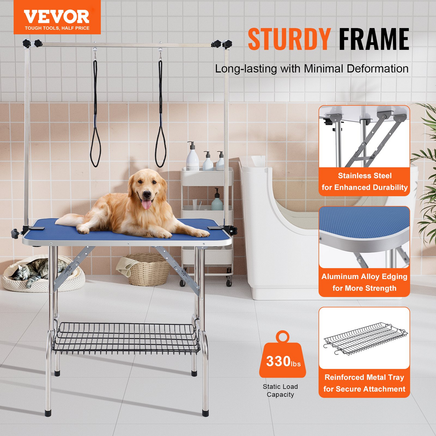 VEVOR Mesa de Aseo para Perros con Dos Brazos y Abrazadera: Estación de Aseo Plegable de 36''x24'' para Perros Medianos y Pequeños, Incluye Soporte para Ancas Sin Sentarse y Bucle de Aseo, Soporta hasta 330 Libras