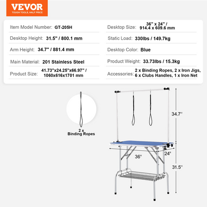 VEVOR Mesa de Aseo para Perros con Dos Brazos y Abrazadera: Estación de Aseo Plegable de 36''x24'' para Perros Medianos y Pequeños, Incluye Soporte para Ancas Sin Sentarse y Bucle de Aseo, Soporta hasta 330 Libras