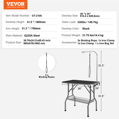 VEVOR Brazo de mesa de aseo para perros con abrazadera: estación de aseo plegable de 36 x 24 pulgadas para perros medianos y pequeños, incluye soporte para cadera sin sentarse y bucle de aseo, soporta hasta 330 libras