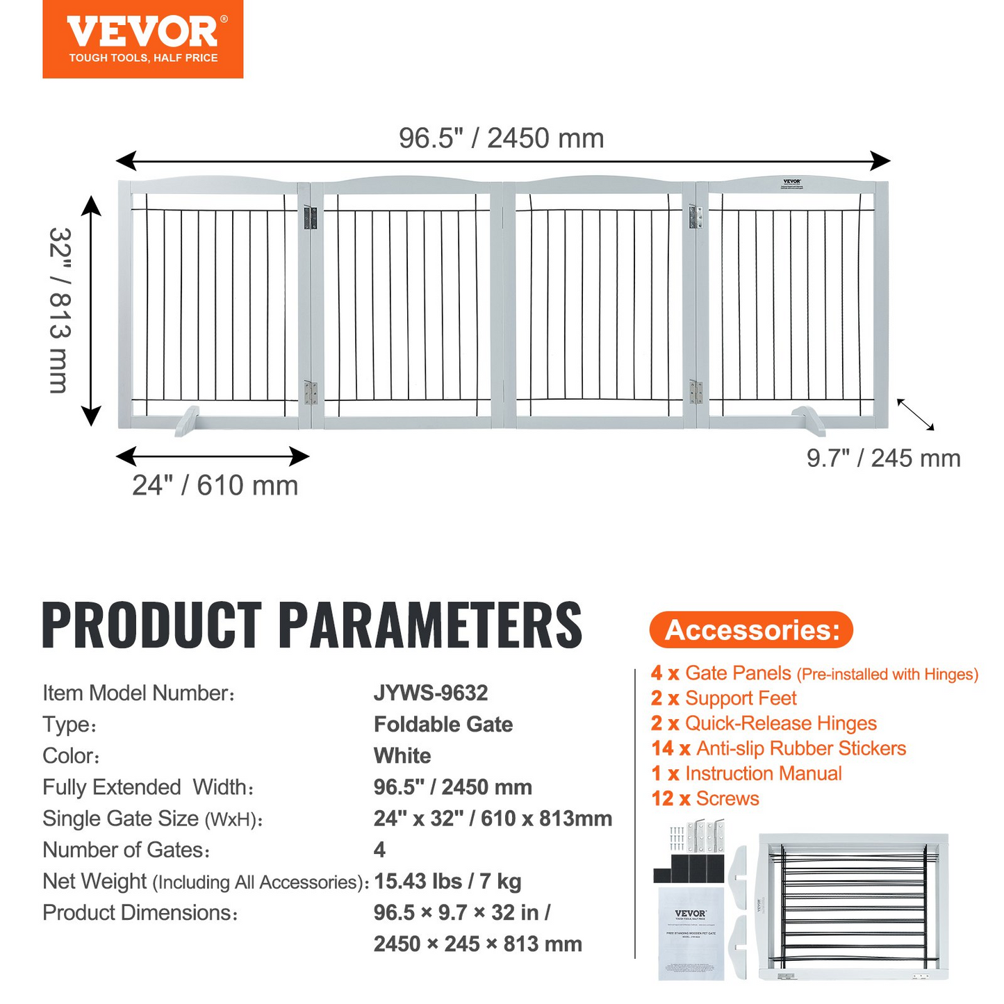 VEVOR Puerta independiente para perros, 32" H x 96.5" W Puerta independiente para mascotas, color blanco