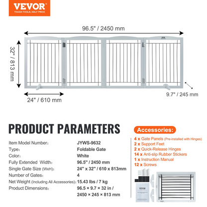 VEVOR Free Standing Dog Gate, 32" H x 96.5" W Freestanding Pet Gate, 4 Panels Foldable Dog Gate for Wide and Narrow Passageways, Expandable Dog Barrier with Silent Foot Support for Indoor, White