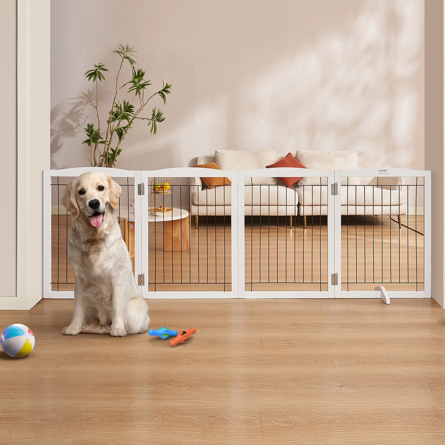 VEVOR Free Standing Dog Gate, 32" H x 96.5" W Freestanding Pet Gate, 4 Panels Foldable Dog Gate for Wide and Narrow Passageways, Expandable Dog Barrier with Silent Foot Support for Indoor, White