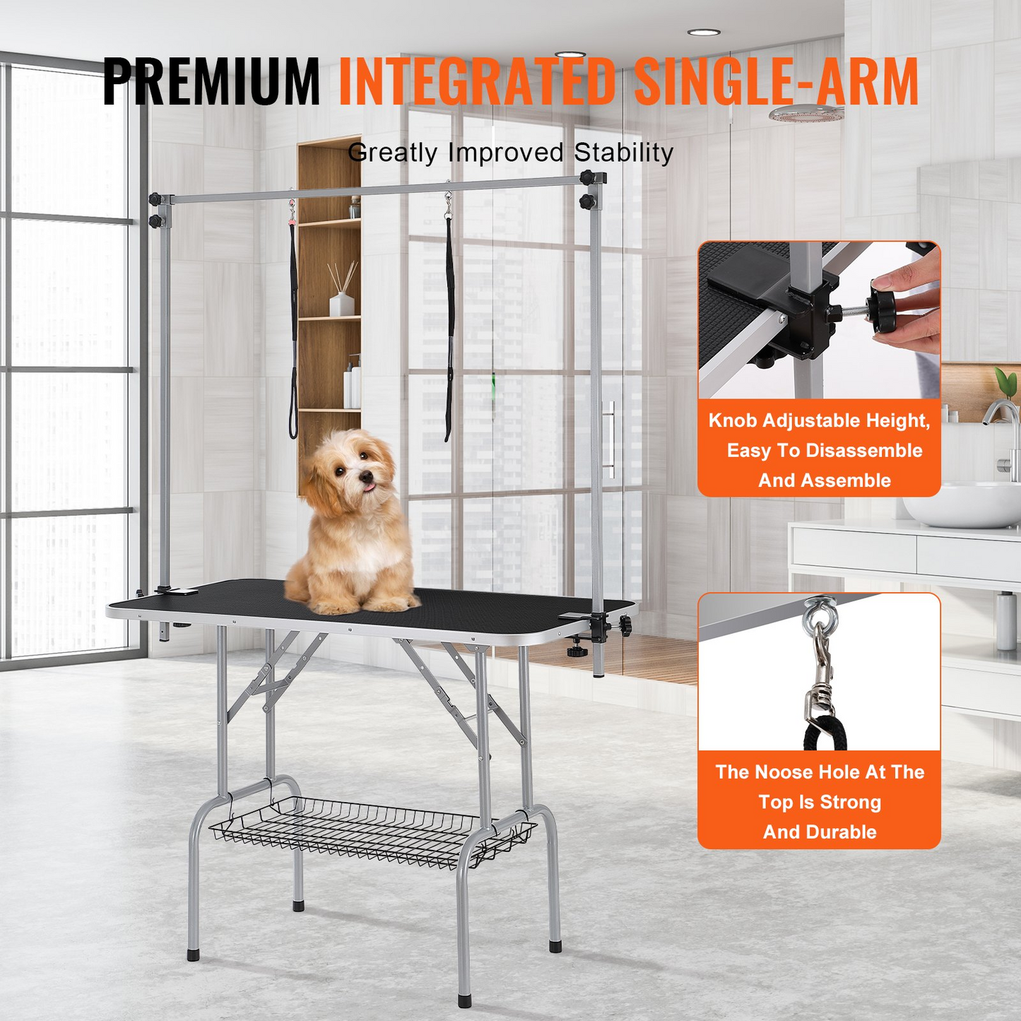 VEVOR Pet Grooming Table Two Arms with Clamp, 46'' Dog Grooming Station, Foldable Pets Grooming Stand for Medium and Small Dogs, Free No Sit Haunch Holder with Grooming Loop, Bearing 330lbs