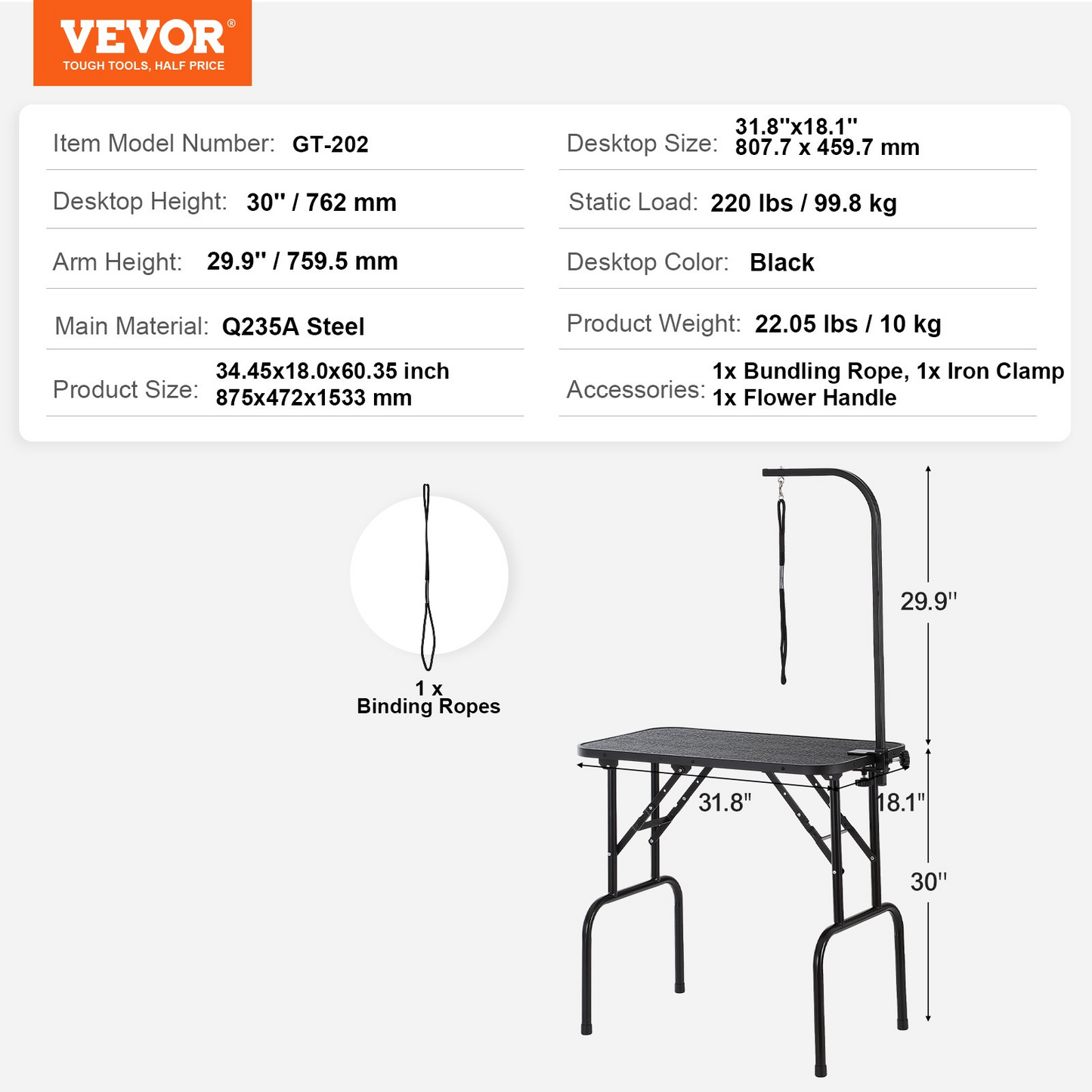 VEVOR Brazo de mesa de aseo para perros con abrazadera: estación de aseo plegable de 32 x 18 pulgadas para perros medianos y pequeños, incluye soporte para cadera sin sentarse y bucle de aseo, soporta hasta 220 libras