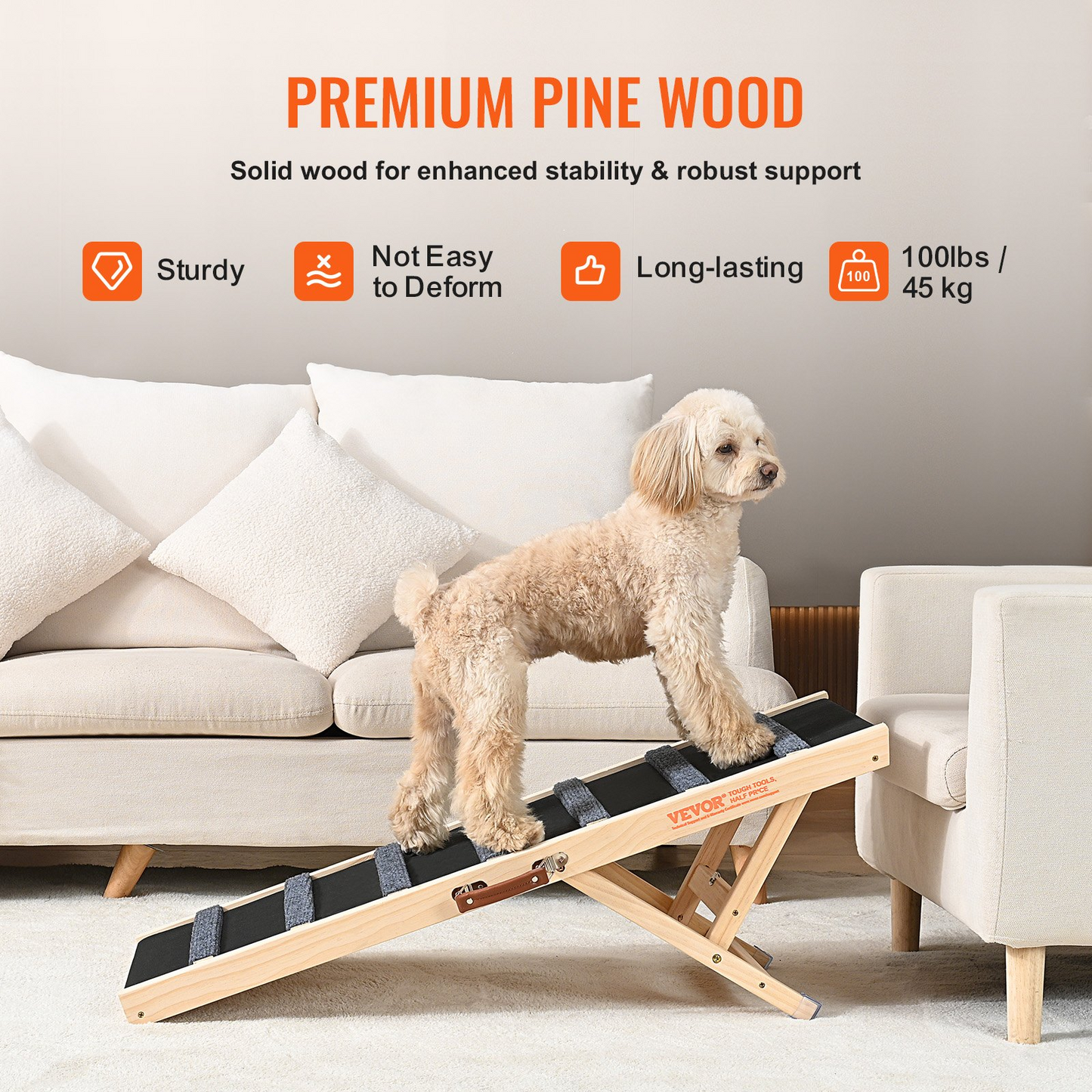 VEVOR Rampa plegable para perros para cama – Rampa de madera ajustable para mascotas, 39.3 pulgadas de largo, rango de altura de 15 a 22 pulgadas, ideal para perros pequeños a grandes, adecuada para uso en sofá, sofá y automóvil