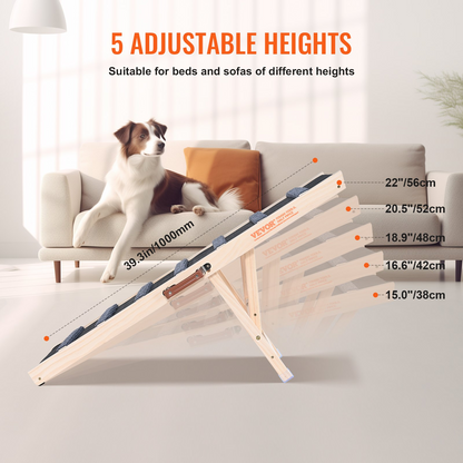 VEVOR Rampa plegable para perros para cama – Rampa de madera ajustable para mascotas, 39.3 pulgadas de largo, rango de altura de 15 a 22 pulgadas, ideal para perros pequeños a grandes, adecuada para uso en sofá, sofá y automóvil