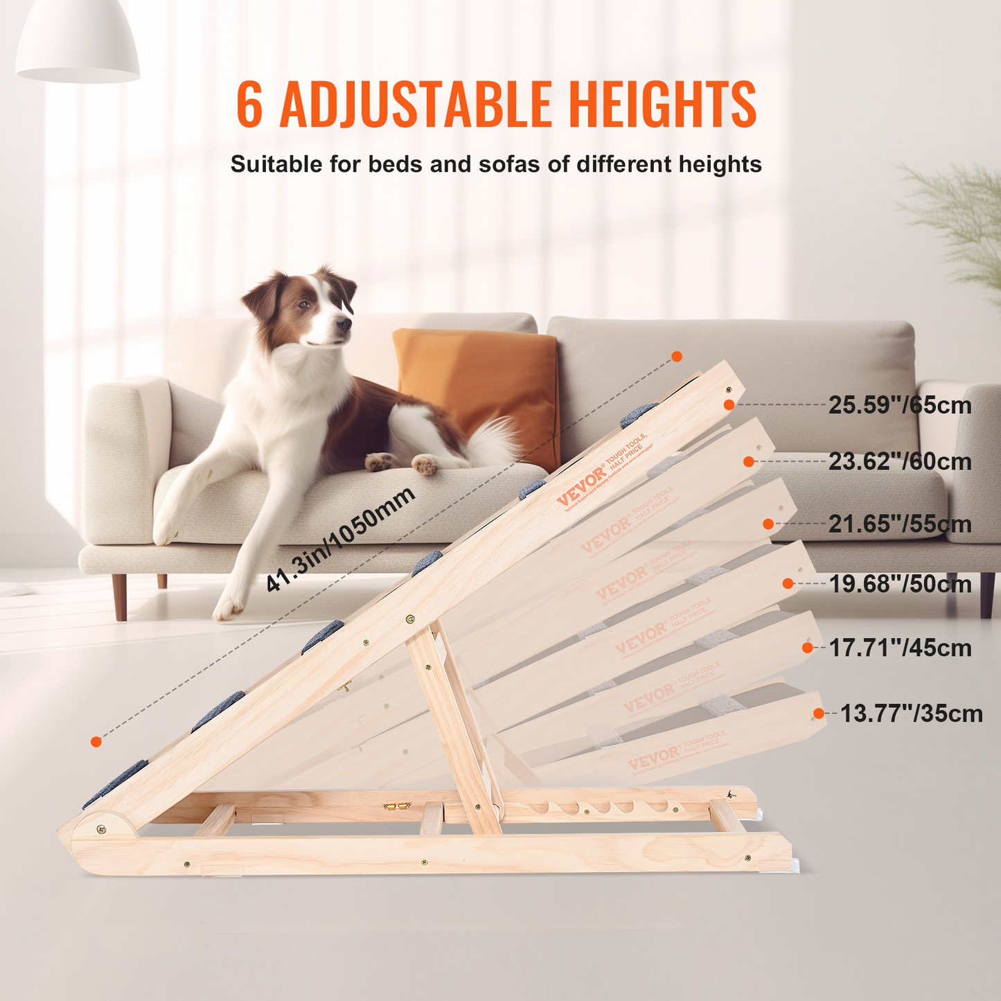 VEVOR Rampa plegable para perros para cama – Rampa de madera ajustable para mascotas, 41.3 pulgadas de largo, rango de altura de 13.77 a 25.59 pulgadas, adecuada para perros pequeños a grandes, ideal para uso en sofá, sofá y automóvil