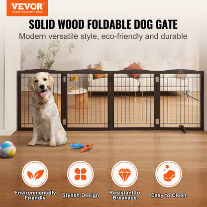 VEVOR Free Standing Dog Gate, 32" H x 96.5" W Freestanding Pet Gate, 4 Panels Foldable Dog Gate for Wide and Narrow Passageways, Expandable Dog Barrier with Silent Foot Support for Indoor, Brown