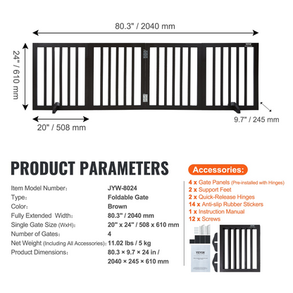 VEVOR Free Standing Dog Gate, 24" H x 80.3" W Freestanding Pet Gate, 4 Panels Foldable Dog Gate for Wide and Narrow Passageways, Expandable Dog Barrier with Silent Foot Support for Indoor, Brown