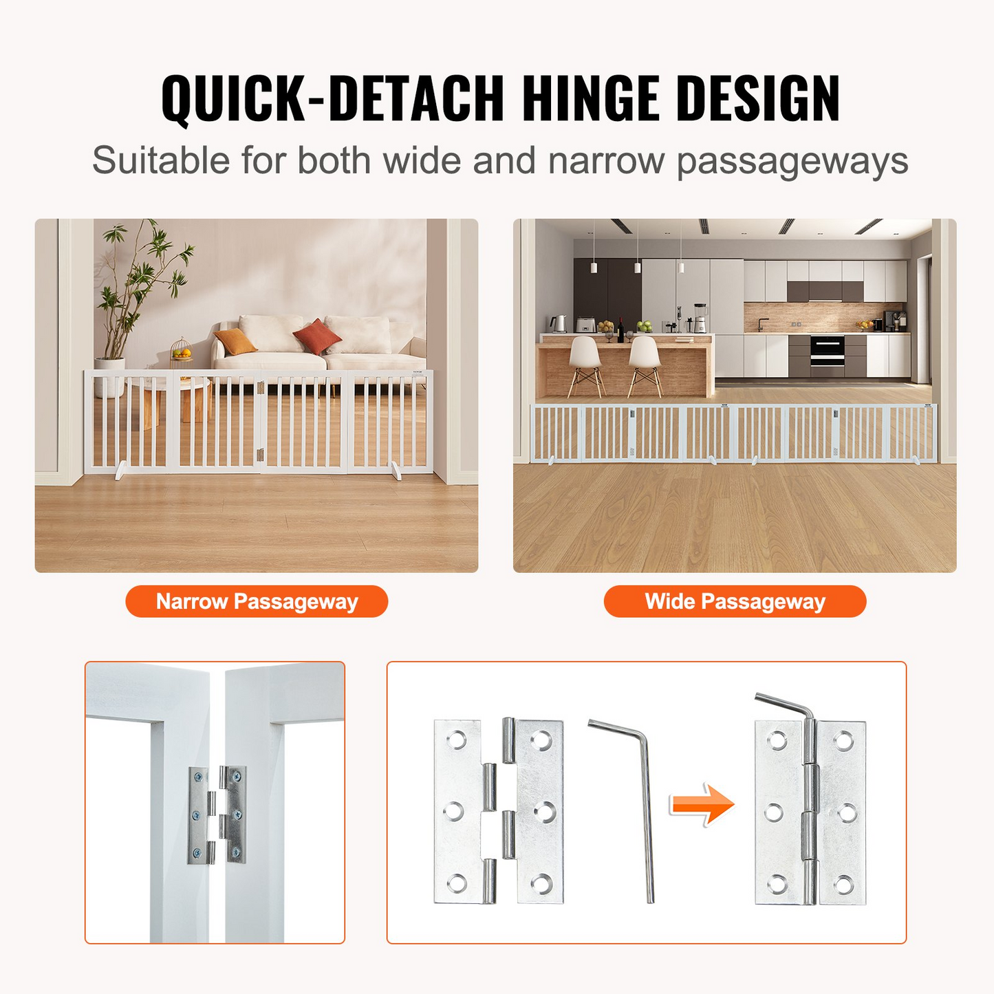 VEVOR Free Standing Dog Gate, 24" H x 80.3" W Freestanding Pet Gate, 4 Panels Foldable Dog Gate for Wide and Narrow Passageways, Expandable Dog Barrier with Silent Foot Support for Indoor, White