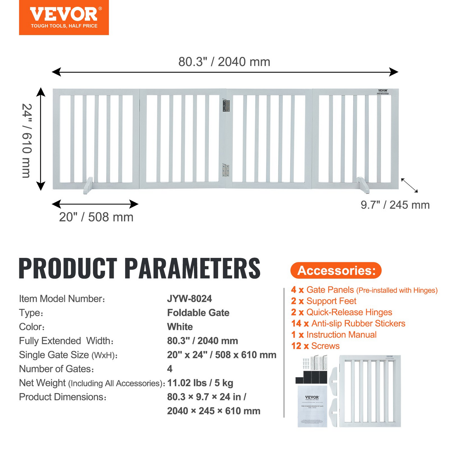 VEVOR Free Standing Dog Gate, 24" H x 80.3" W Freestanding Pet Gate, 4 Panels Foldable Dog Gate for Wide and Narrow Passageways, Expandable Dog Barrier with Silent Foot Support for Indoor, White