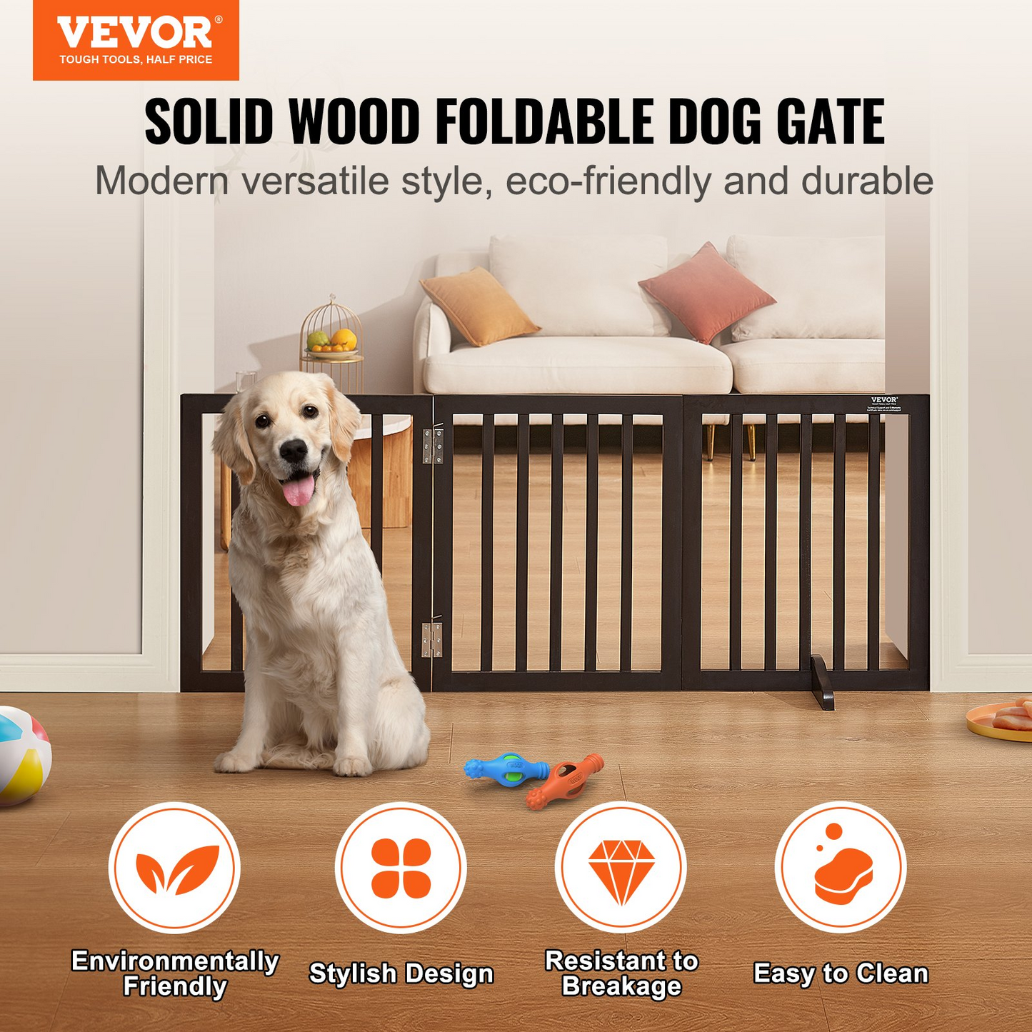 VEVOR Free Standing Dog Gate, 24" H x 60" W Freestanding Pet Gate, 3 Panels Foldable Dog Gate for Wide and Narrow Passageways, Expandable Dog Barrier with Silent Foot Support for Indoor, Brown