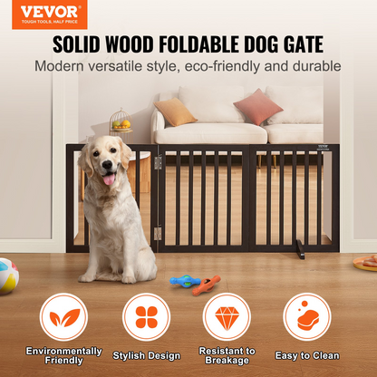 VEVOR Puerta independiente para perros: 24" H x 60" W, barrera expandible para mascotas con 3 paneles plegables, ideal para pasillos anchos y estrechos, soporte silencioso para pies, uso en interiores en marrón