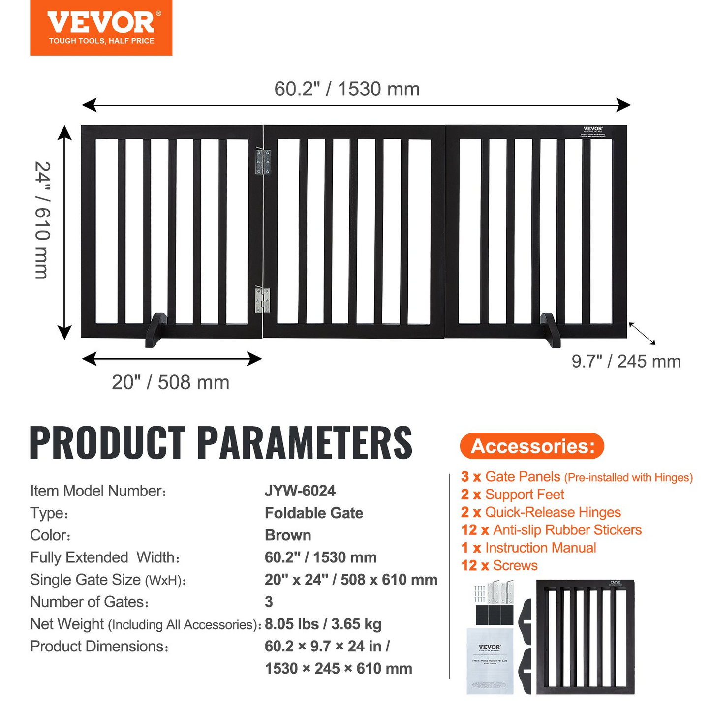 VEVOR Free Standing Dog Gate, 24" H x 60" W Freestanding Pet Gate, 3 Panels Foldable Dog Gate for Wide and Narrow Passageways, Expandable Dog Barrier with Silent Foot Support for Indoor, Brown