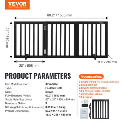 VEVOR Puerta independiente para perros: 24" H x 60" W, barrera expandible para mascotas con 3 paneles plegables, ideal para pasillos anchos y estrechos, soporte silencioso para pies, uso en interiores en marrón