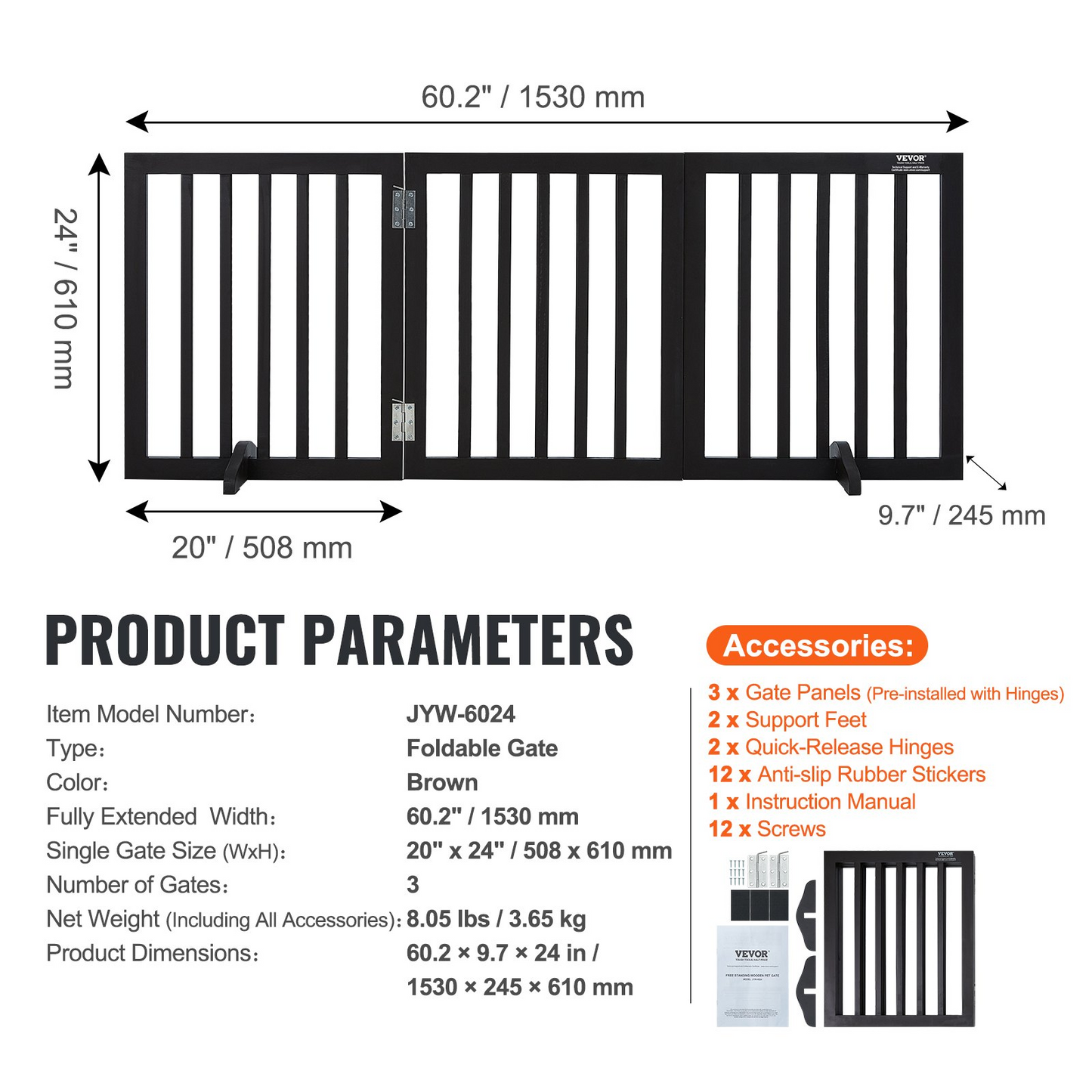 VEVOR Free Standing Dog Gate, 24" H x 60" W Freestanding Pet Gate, 3 Panels Foldable Dog Gate for Wide and Narrow Passageways, Expandable Dog Barrier with Silent Foot Support for Indoor, Brown