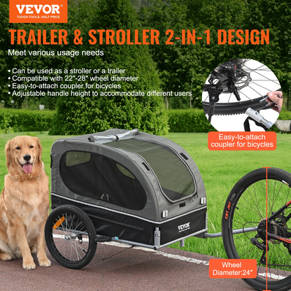 VEVOR Remolque para bicicleta para perros, soporta hasta 88 libras, carrito para cochecito para mascotas 2 en 1, portabicicletas, negro/gris