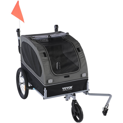 VEVOR Dog Bike Trailer, Supports up to 88 lbs, 2-in-1 Pet Stroller Cart Bicycle Carrier, Easy Folding Cart Frame with Quick Release Wheels, Universal Bicycle Coupler, Reflectors, Flag, Black/Gray