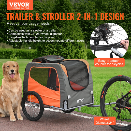 VEVOR Remolque para bicicleta para perros y cochecito para mascotas, capacidad de 66 libras, naranja/gris