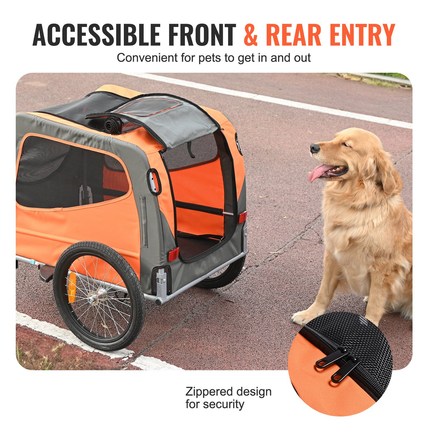 VEVOR Dog Bike Trailer, Supports up to 66 lbs, 2-in-1 Pet Stroller Cart Bicycle Carrier, Easy Folding Cart Frame with Quick Release Wheels, Universal Bicycle Coupler, Reflectors, Flag, Orange/Gray