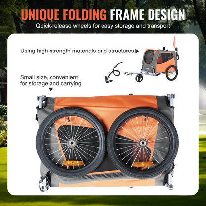 VEVOR Dog Bike Trailer, Supports up to 66 lbs, 2-in-1 Pet Stroller Cart Bicycle Carrier, Easy Folding Cart Frame with Quick Release Wheels, Universal Bicycle Coupler, Reflectors, Flag, Orange/Gray