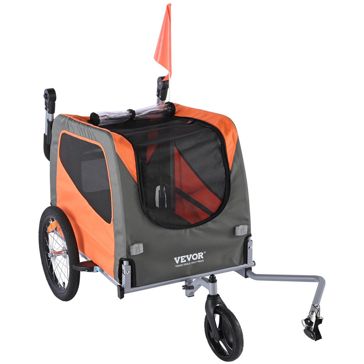 VEVOR Dog Bike Trailer, Supports up to 66 lbs, 2-in-1 Pet Stroller Cart Bicycle Carrier, Easy Folding Cart Frame with Quick Release Wheels, Universal Bicycle Coupler, Reflectors, Flag, Orange/Gray