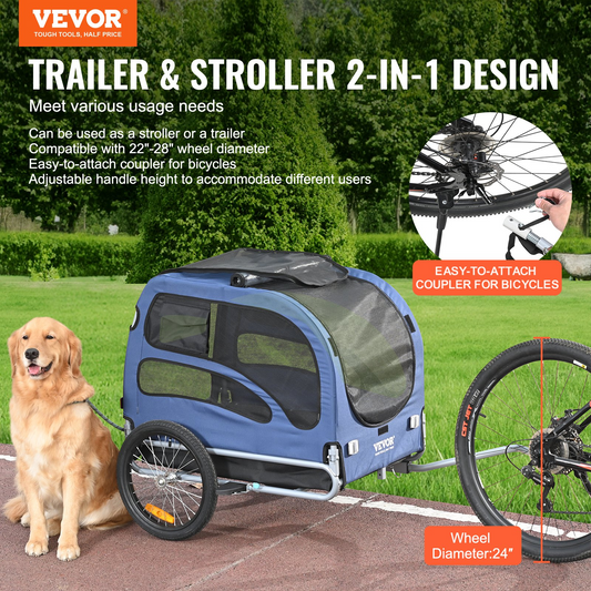 VEVOR Dog Bike Trailer, Supports up to 100 lbs, 2-in-1 Pet Stroller Cart Bicycle Carrier, Easy Folding Cart Frame with Quick Release Wheels, Universal Bicycle Coupler, Reflectors, Flag, Blue/Black