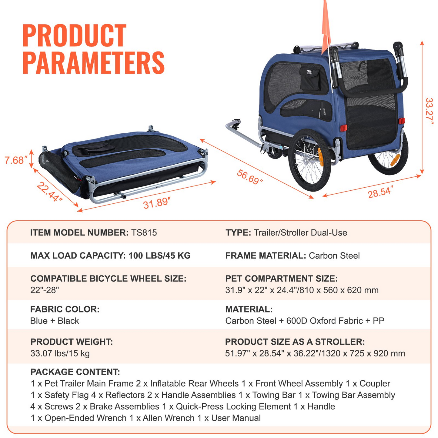 VEVOR Dog Bike Trailer, Supports up to 100 lbs, 2-in-1 Pet Stroller Cart Bicycle Carrier, Easy Folding Cart Frame with Quick Release Wheels, Universal Bicycle Coupler, Reflectors, Flag, Blue/Black