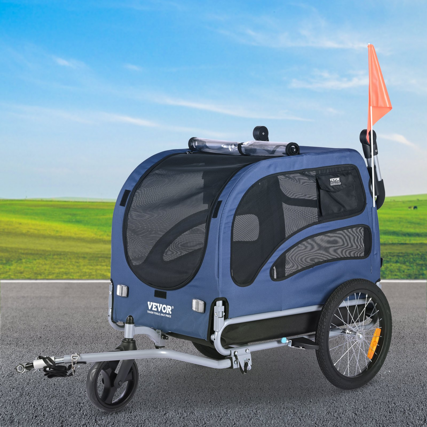 VEVOR Dog Bike Trailer, Supports up to 100 lbs, 2-in-1 Pet Stroller Cart Bicycle Carrier, Easy Folding Cart Frame with Quick Release Wheels, Universal Bicycle Coupler, Reflectors, Flag, Blue/Black