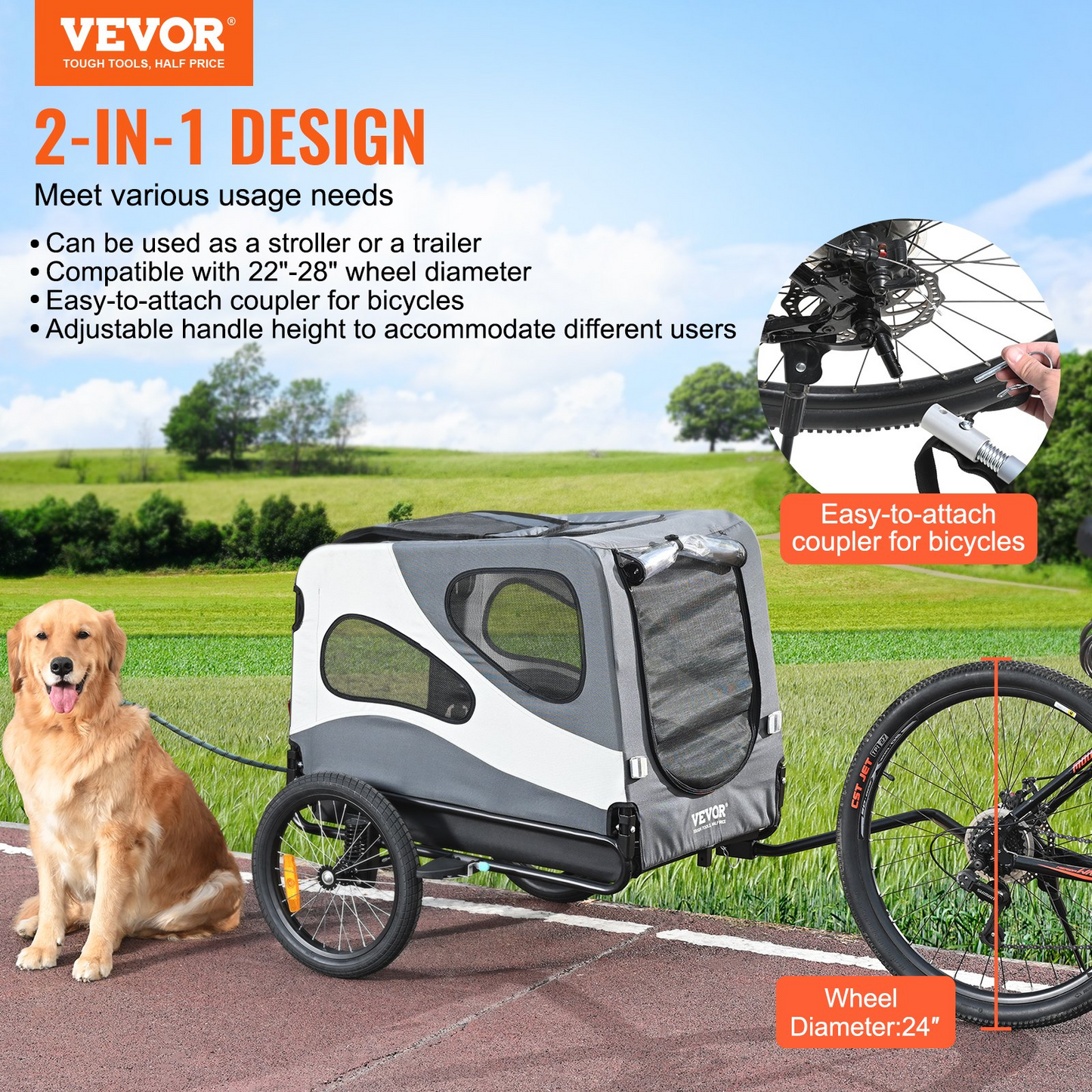 VEVOR Remolque para bicicleta para perros, soporta hasta 100 libras, carrito para cochecito para mascotas 2 en 1, portabicicletas, negro/gris