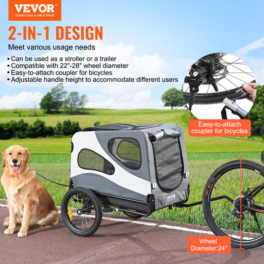 VEVOR Dog Bike Trailer, Supports up to 100 lbs, 2-in-1 Pet Stroller Cart Bicycle Carrier, Easy Folding Cart Frame with Quick Release Wheels, Universal Bicycle Coupler, Reflectors, Flag, Black/Gray