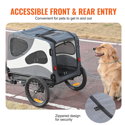 VEVOR Dog Bike Trailer, Supports up to 100 lbs, 2-in-1 Pet Stroller Cart Bicycle Carrier, Easy Folding Cart Frame with Quick Release Wheels, Universal Bicycle Coupler, Reflectors, Flag, Black/Gray