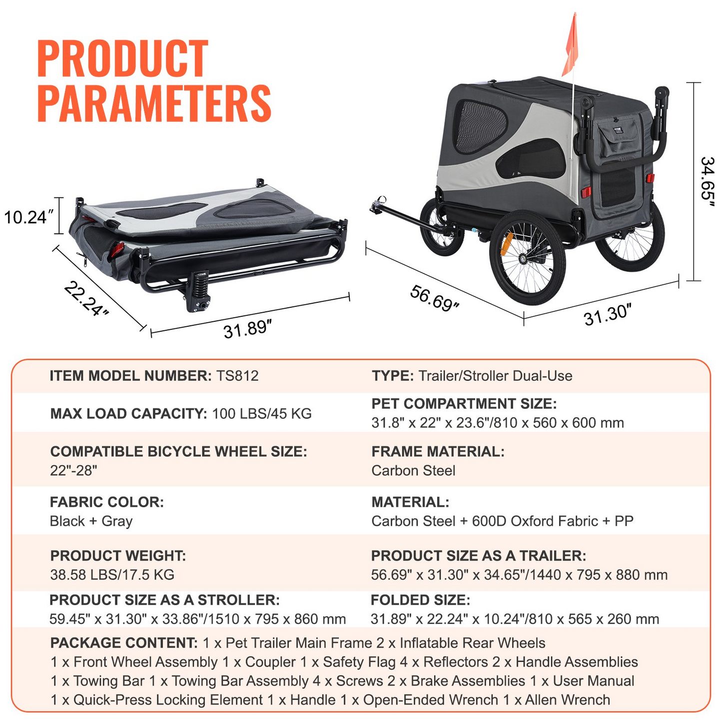 VEVOR Dog Bike Trailer, Supports up to 100 lbs, 2-in-1 Pet Stroller Cart Bicycle Carrier, Easy Folding Cart Frame with Quick Release Wheels, Universal Bicycle Coupler, Reflectors, Flag, Black/Gray