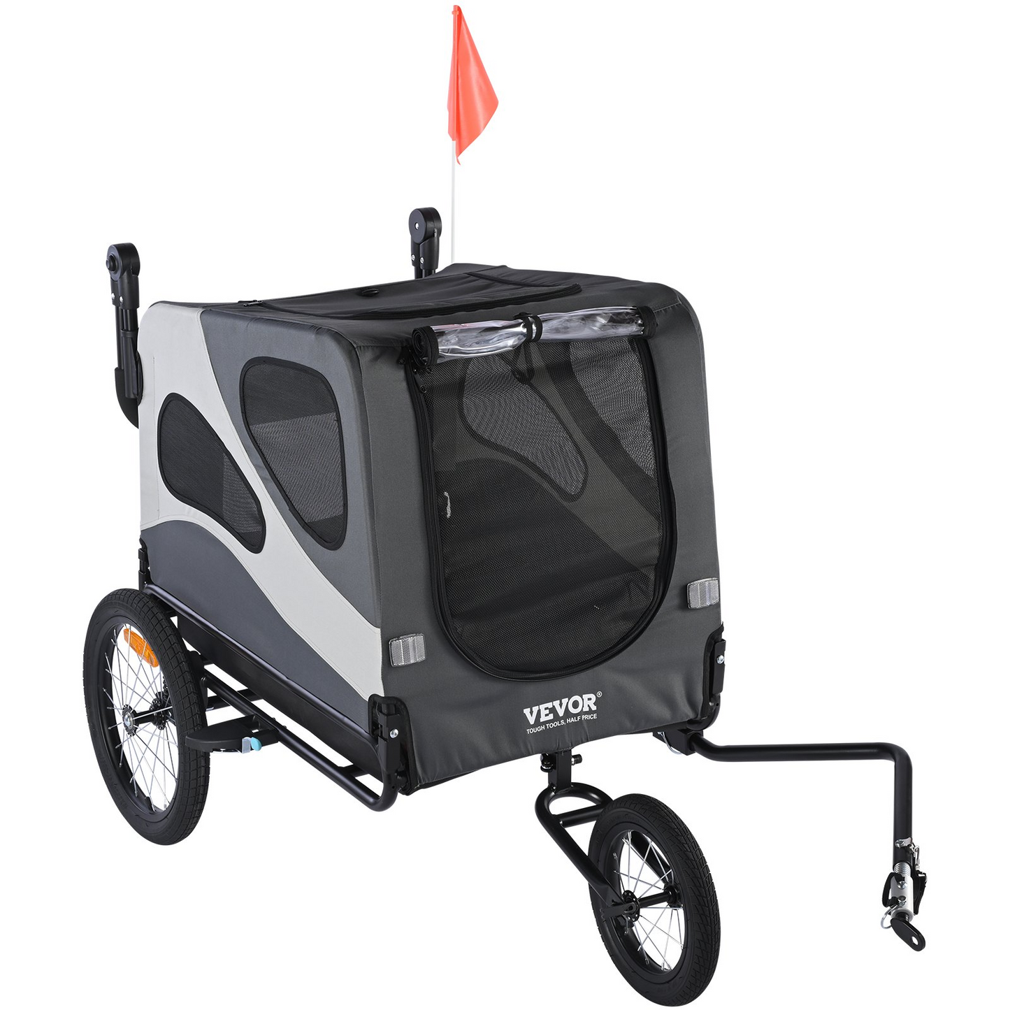 VEVOR Dog Bike Trailer, Supports up to 100 lbs, 2-in-1 Pet Stroller Cart Bicycle Carrier, Easy Folding Cart Frame with Quick Release Wheels, Universal Bicycle Coupler, Reflectors, Flag, Black/Gray