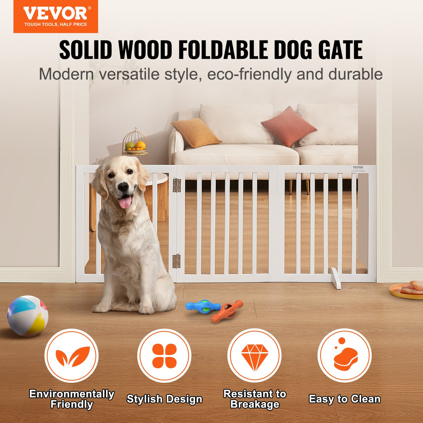 VEVOR Free Standing Dog Gate, 24" H x 60" W Freestanding Pet Gate, 3 Panels Foldable Dog Gate for Wide and Narrow Passageways, Expandable Dog Barrier with Silent Foot Support for Indoor, White