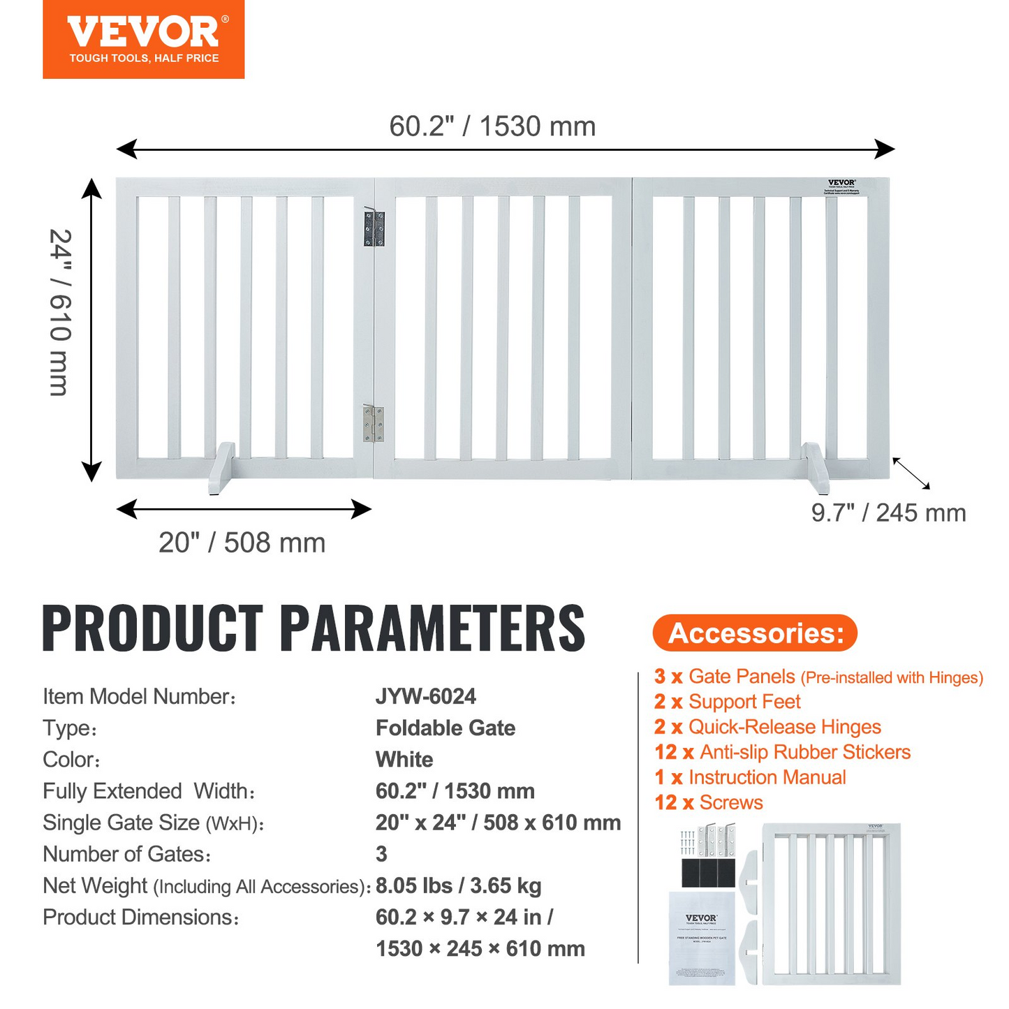 VEVOR Free Standing Dog Gate, 24" H x 60" W Freestanding Pet Gate, 3 Panels Foldable Dog Gate for Wide and Narrow Passageways, Expandable Dog Barrier with Silent Foot Support for Indoor, White