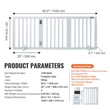 VEVOR Free Standing Dog Gate, 24" H x 60" W Freestanding Pet Gate, 3 Panels Foldable Dog Gate for Wide and Narrow Passageways, Expandable Dog Barrier with Silent Foot Support for Indoor, White