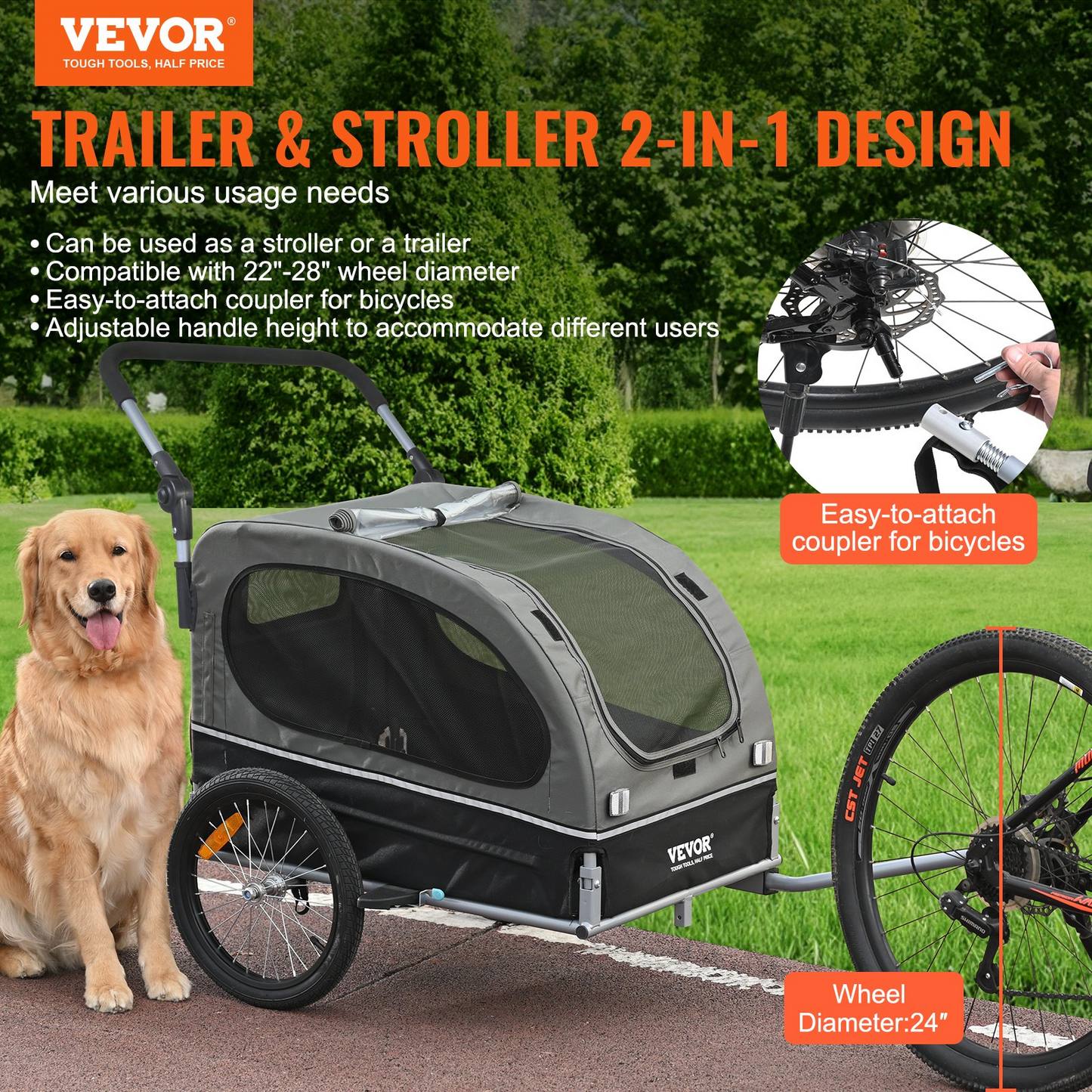 VEVOR Dog Bike Trailer, Supports up to 88 lbs, 2-in-1 Pet Stroller Cart Bicycle Carrier, Easy Folding Cart Frame with Quick Release Wheels, Universal Bicycle Coupler, Reflectors, Flag, Black/Gray