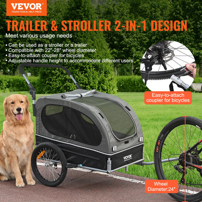 VEVOR Dog Bike Trailer, Supports up to 88 lbs, 2-in-1 Pet Stroller Cart Bicycle Carrier, Easy Folding Cart Frame with Quick Release Wheels, Universal Bicycle Coupler, Reflectors, Flag, Black/Gray