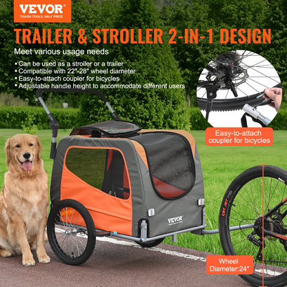 VEVOR Dog Bike Trailer, Supports up to 66 lbs, 2-in-1 Pet Stroller Cart Bicycle Carrier, Easy Folding Cart Frame with Quick Release Wheels, Universal Bicycle Coupler, Reflectors, Flag, Orange/Gray