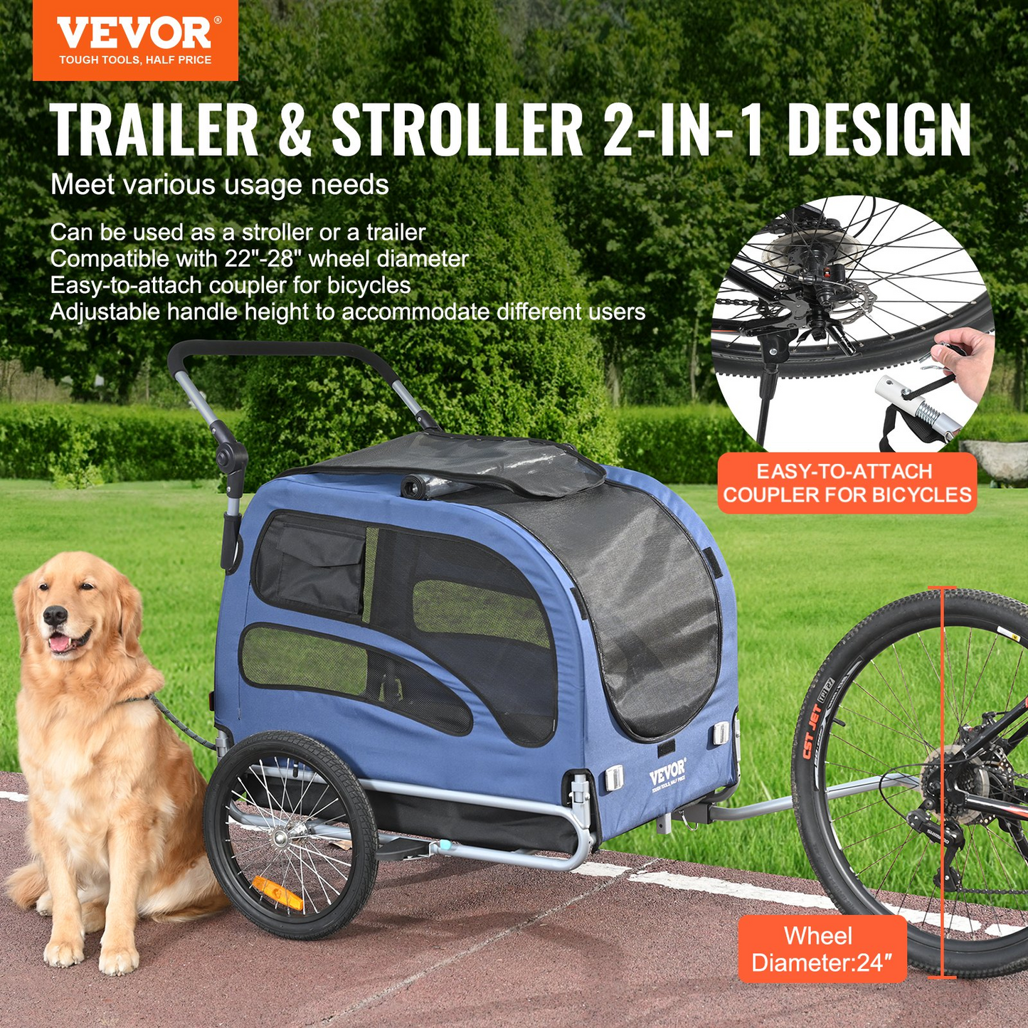 VEVOR Remolque de bicicleta para perros y cochecito para mascotas, azul/negro, soporta hasta 100 libras