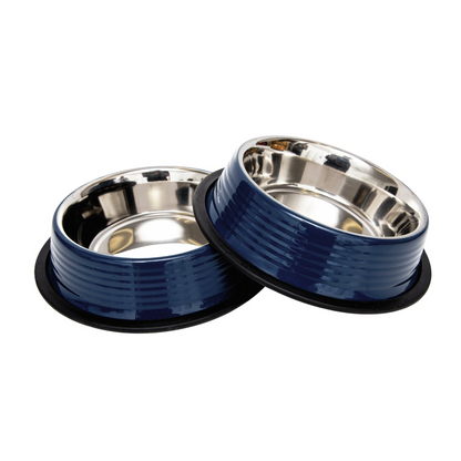 Ribbed No Tip Non Skid Colored Stainless Steel Bowl - Poseidon Blue