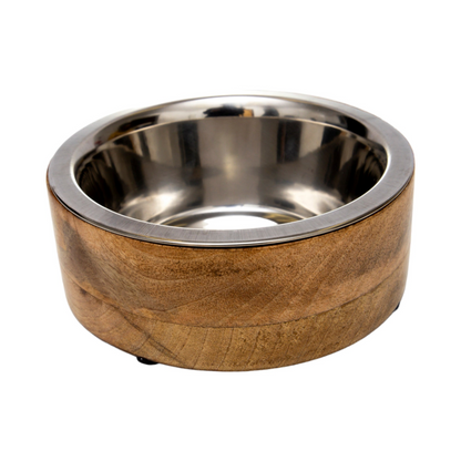 Stainless Steel Dog Bowl with Cylindrical Mango Wood Holder