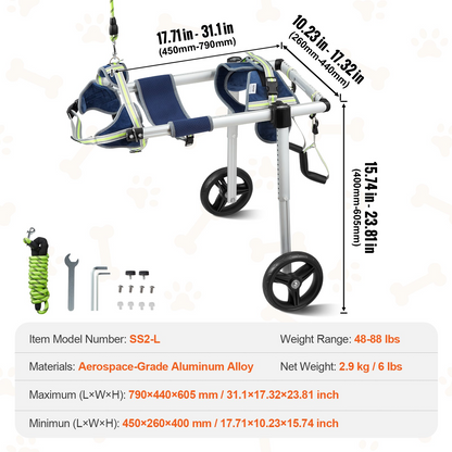 VEVOR 2 Wheels Dog Wheelchair for Back Legs, Pet Wheelchair Lightweight & Adjustable Assisting in Healing,  Dog Cart/Wheelchair for Injured, Disabled, Paralysis, Hind Limb Weak Pet (L)