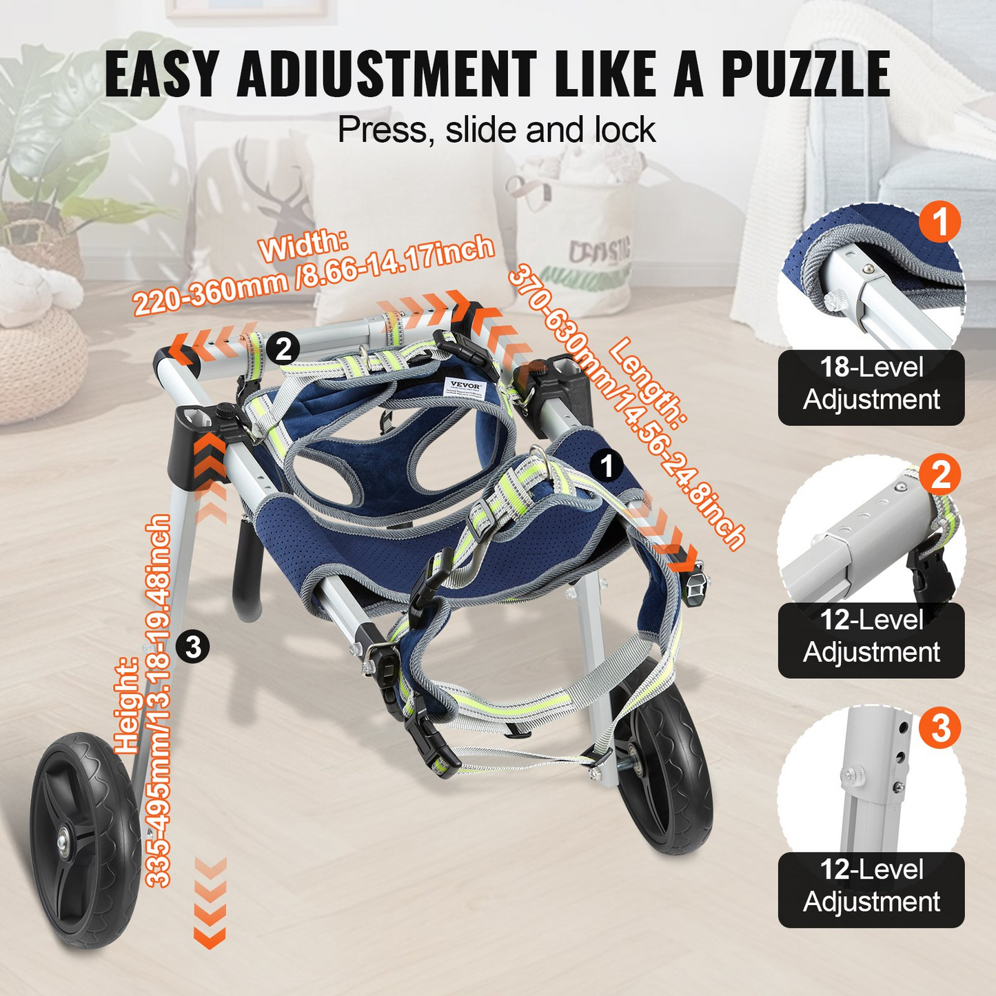 VEVOR 2 Wheels Dog Wheelchair for Back Legs, Pet Wheelchair Lightweight & Adjustable Assisting in Healing,  Dog Cart/Wheelchair for Injured, Disabled, Paralysis, Hind Limb Weak Pet (M)